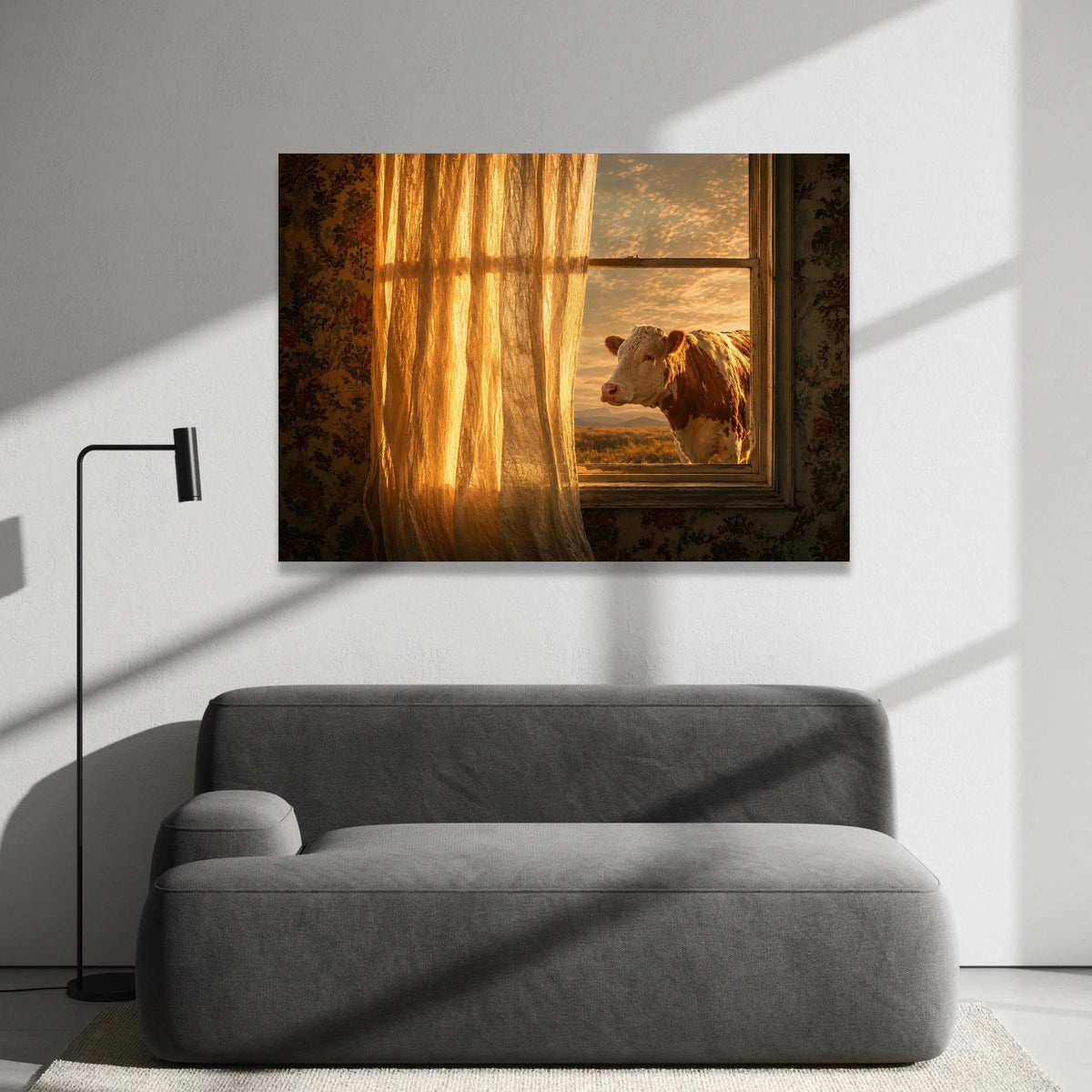 Golden Sunset View, Cow at Open Window Canvas, Rustic Farmhouse Wall Art, Country Home Decor, Warm Light Canvas Art, Nature Canvas Print Art