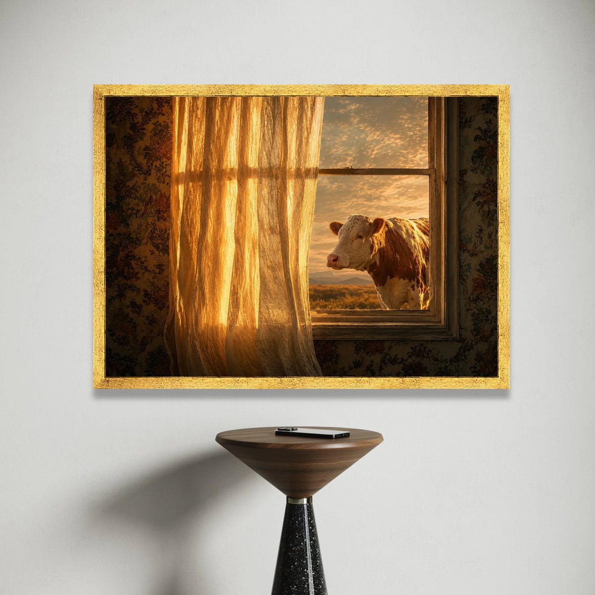 Golden Sunset View, Cow at Open Window Canvas, Rustic Farmhouse Wall Art, Country Home Decor, Warm Light Canvas Art, Nature Canvas Print Art