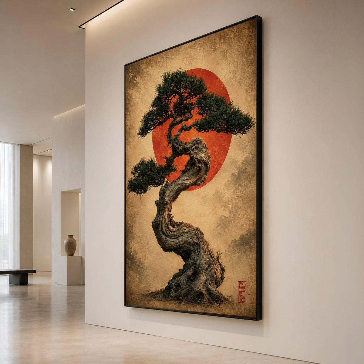 Twisted Bonsai Tree with Red Sun Canvas Wall Art, Japanese Zen Garden Decor, Tranquil Nature Canvas, Asian Botanical Canvas Print Art