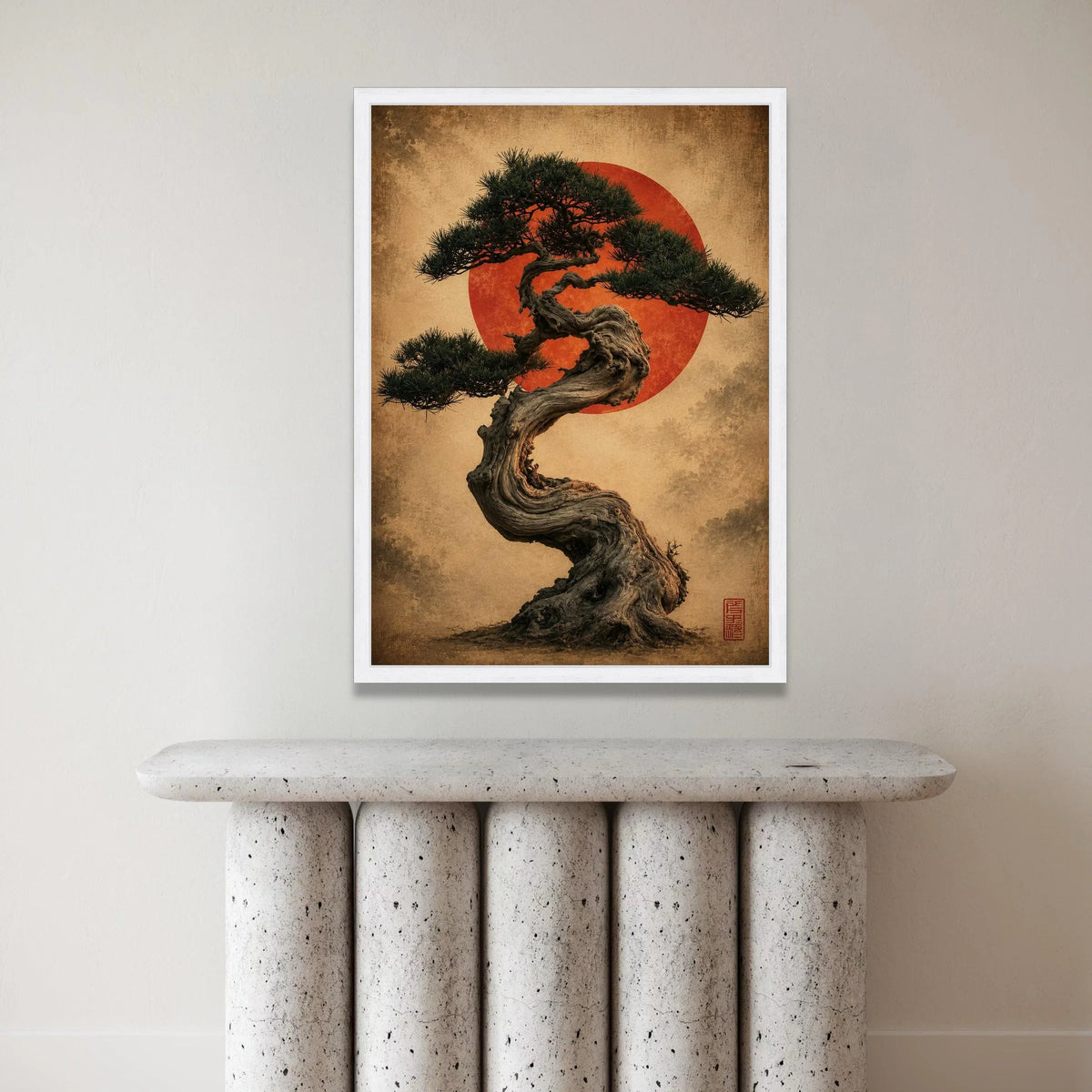 Twisted Bonsai Tree with Red Sun Canvas Wall Art, Japanese Zen Garden Decor, Tranquil Nature Canvas, Asian Botanical Canvas Print Art