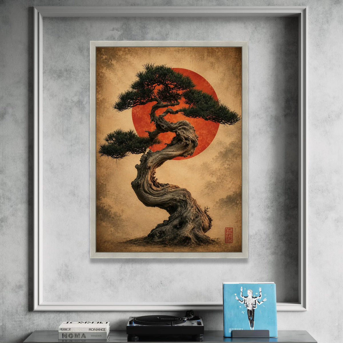 Twisted Bonsai Tree with Red Sun Canvas Wall Art, Japanese Zen Garden Decor, Tranquil Nature Canvas, Asian Botanical Canvas Print Art
