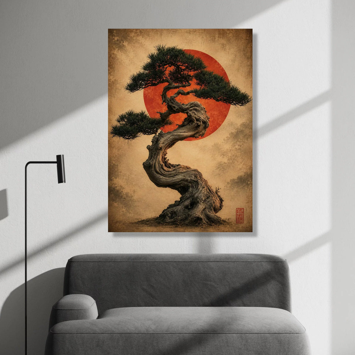Twisted Bonsai Tree with Red Sun Canvas Wall Art, Japanese Zen Garden Decor, Tranquil Nature Canvas, Asian Botanical Canvas Print Art