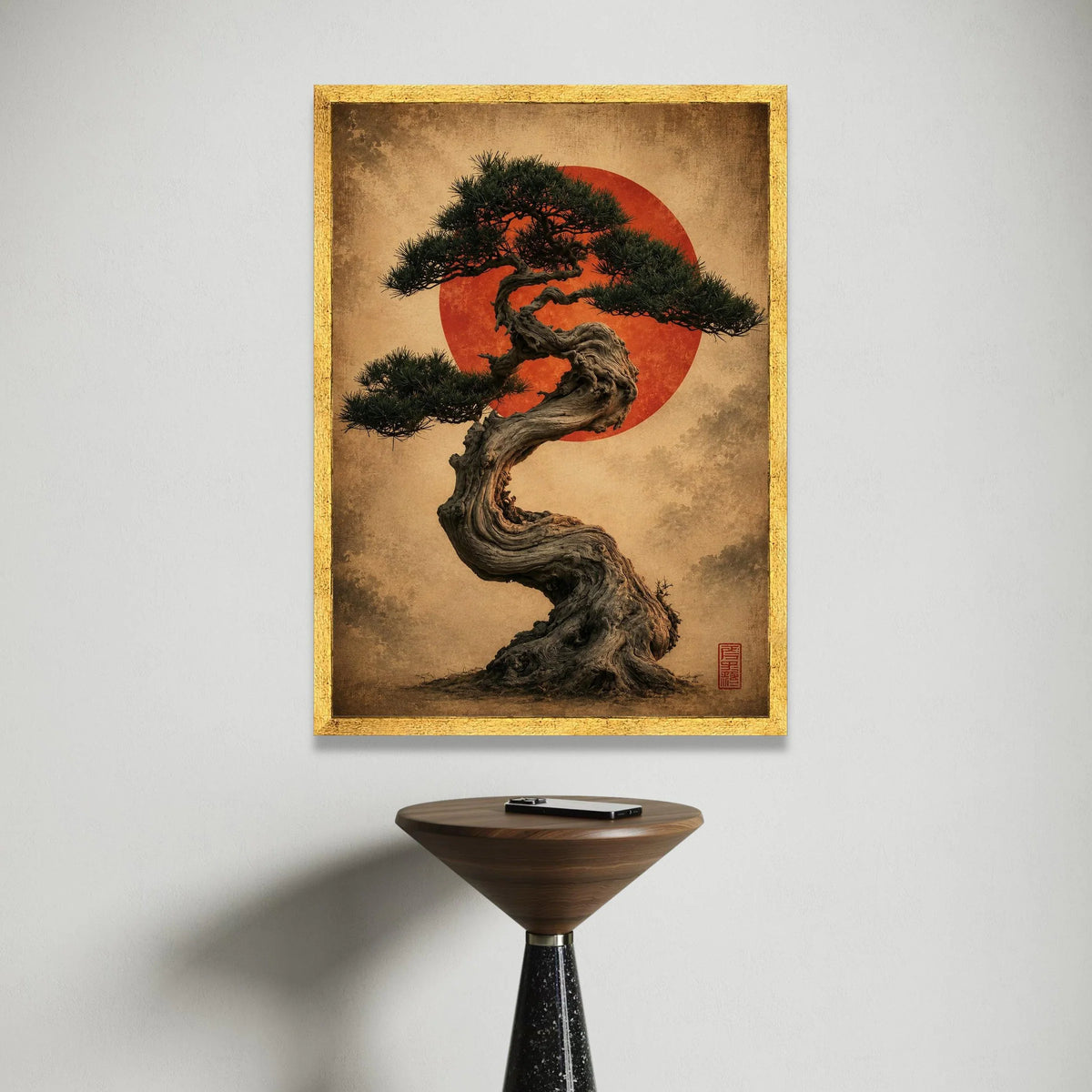 Twisted Bonsai Tree with Red Sun Canvas Wall Art, Japanese Zen Garden Decor, Tranquil Nature Canvas, Asian Botanical Canvas Print Art