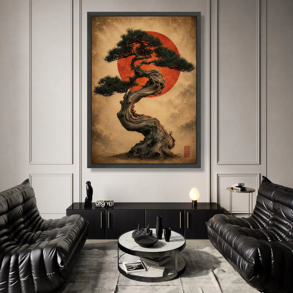 Twisted Bonsai Tree with Red Sun Canvas Wall Art, Japanese Zen Garden Decor, Tranquil Nature Canvas, Asian Botanical Canvas Print Art