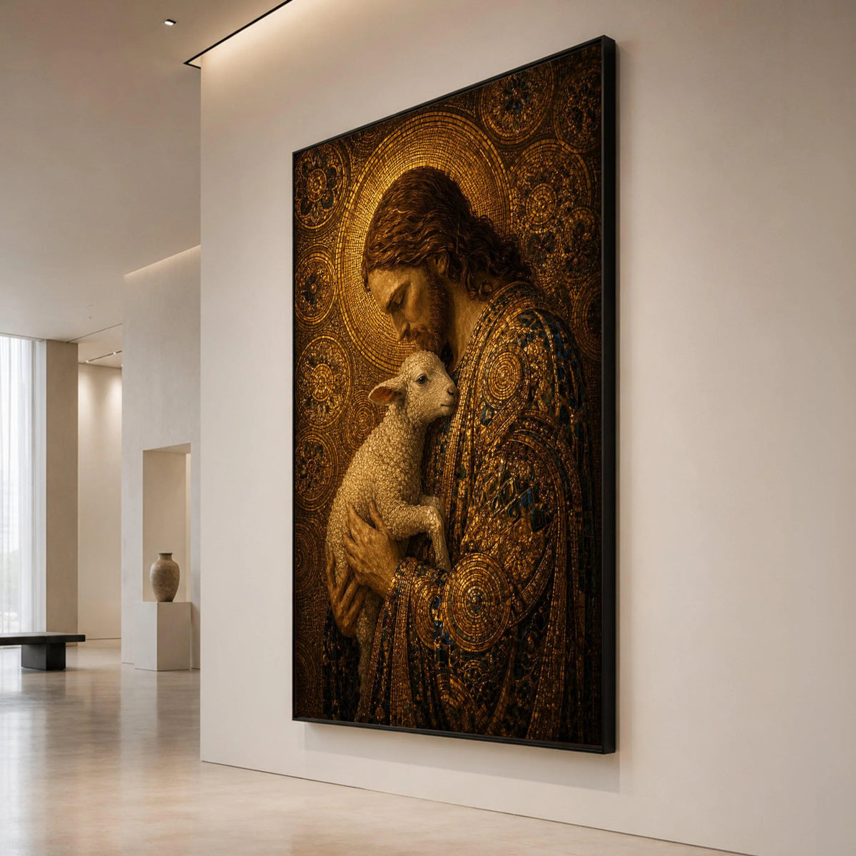 Gentle Shepherd Holding Lamb, Mosaic Portrait Canvas Wall Art, Religious Christian Decor, Spiritual Home Decoration, Canvas Print Art