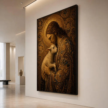 Gentle Shepherd Holding Lamb, Mosaic Portrait Canvas Wall Art, Religious Christian Decor, Spiritual Home Decoration, Canvas Print Art