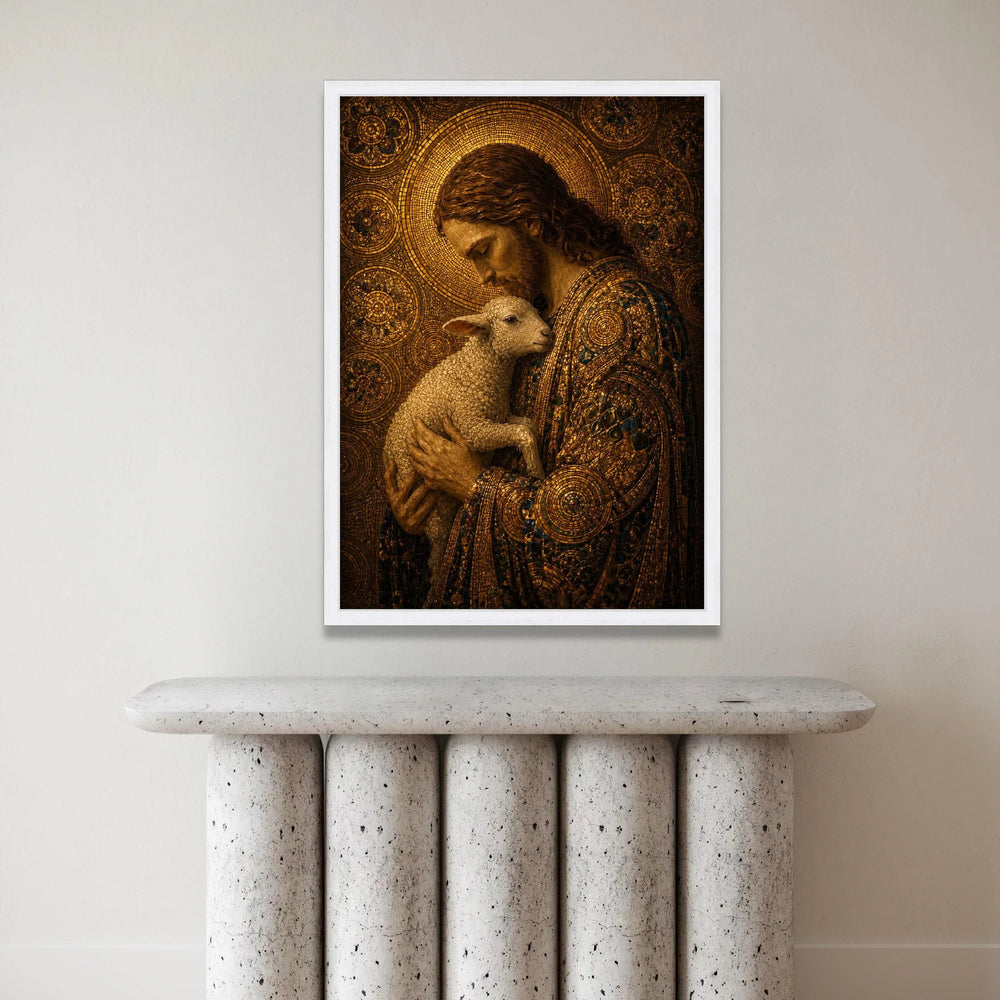 Gentle Shepherd Holding Lamb, Mosaic Portrait Canvas Wall Art, Religious Christian Decor, Spiritual Home Decoration, Canvas Print Art
