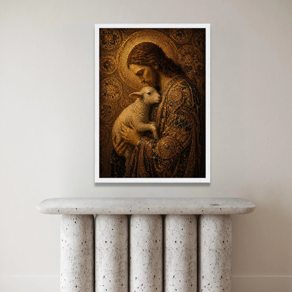 Gentle Shepherd Holding Lamb, Mosaic Portrait Canvas Wall Art, Religious Christian Decor, Spiritual Home Decoration, Canvas Print Art