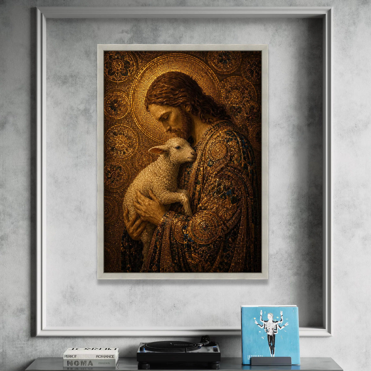 Gentle Shepherd Holding Lamb, Mosaic Portrait Canvas Wall Art, Religious Christian Decor, Spiritual Home Decoration, Canvas Print Art