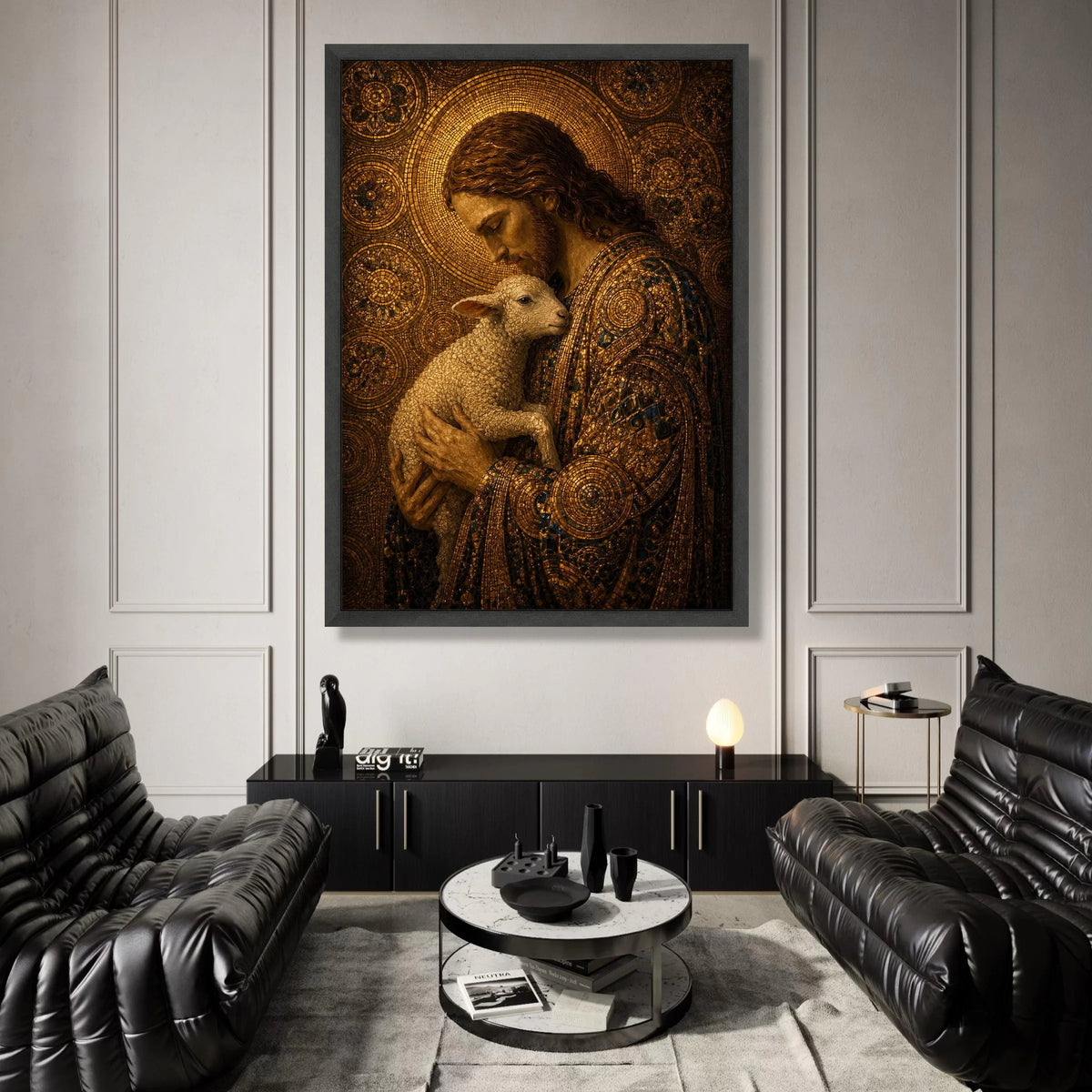 Gentle Shepherd Holding Lamb, Mosaic Portrait Canvas Wall Art, Religious Christian Decor, Spiritual Home Decoration, Canvas Print Art
