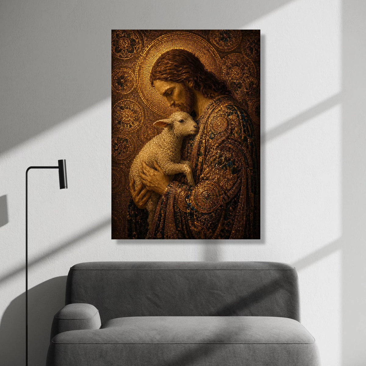 Gentle Shepherd Holding Lamb, Mosaic Portrait Canvas Wall Art, Religious Christian Decor, Spiritual Home Decoration, Canvas Print Art