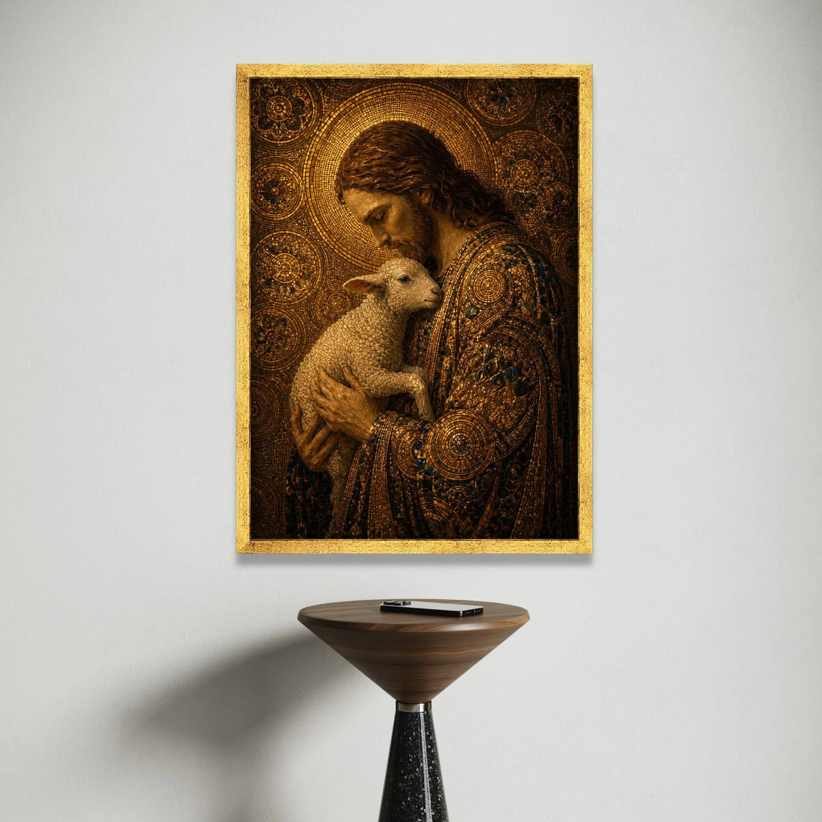 Gentle Shepherd Holding Lamb, Mosaic Portrait Canvas Wall Art, Religious Christian Decor, Spiritual Home Decoration, Canvas Print Art