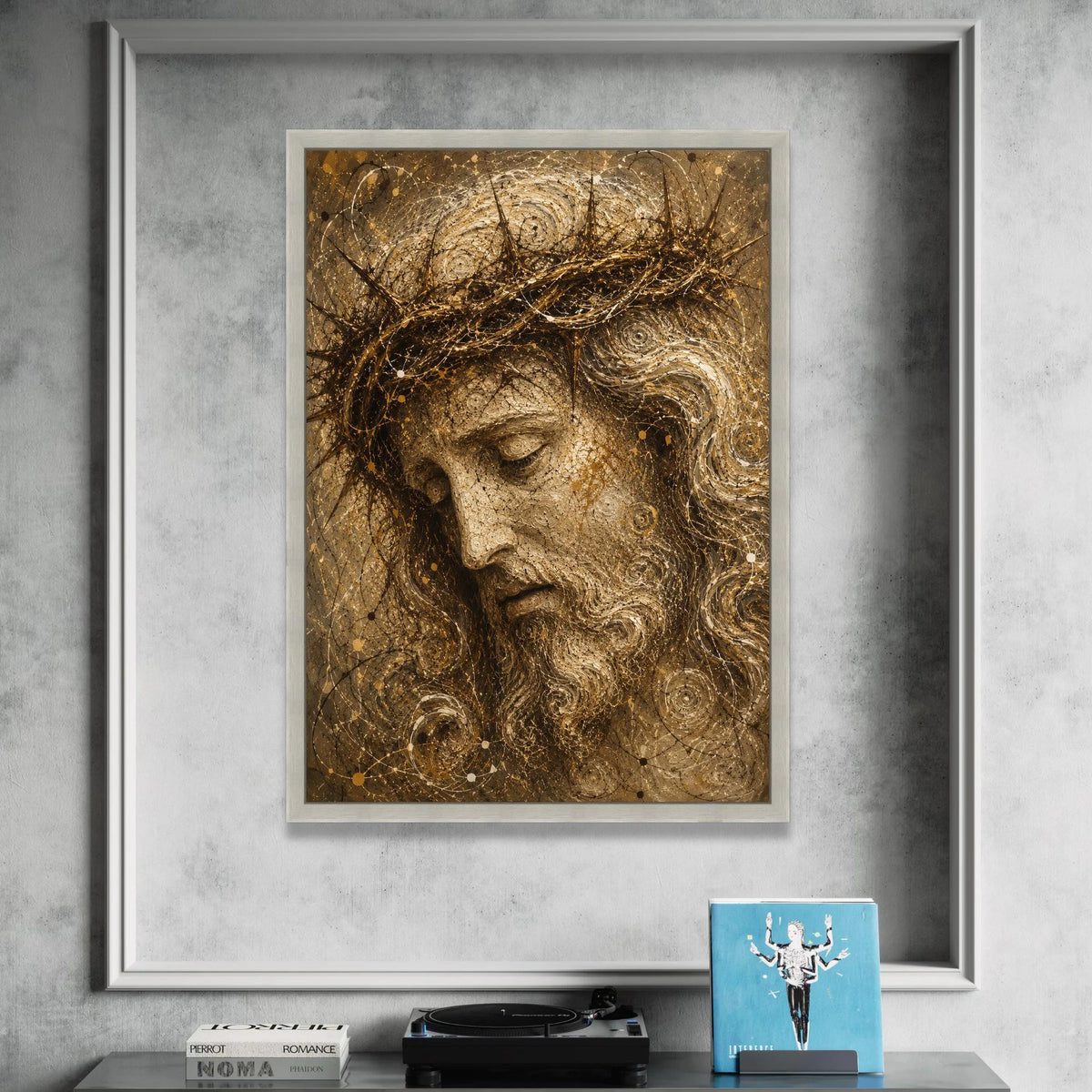 Reflective Christ Portrait Canvas Wall Art, Sacred Head with Crown of Thorns, Spiritual Religious Canvas Decoration, Canvas Print Art