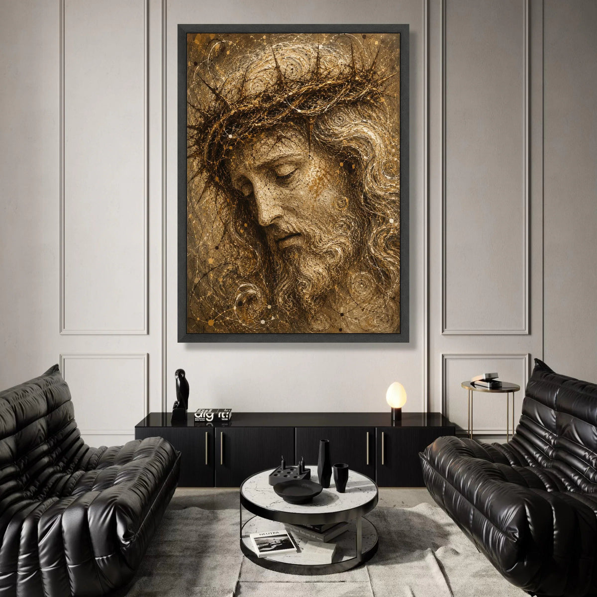 Reflective Christ Portrait Canvas Wall Art, Sacred Head with Crown of Thorns, Spiritual Religious Canvas Decoration, Canvas Print Art