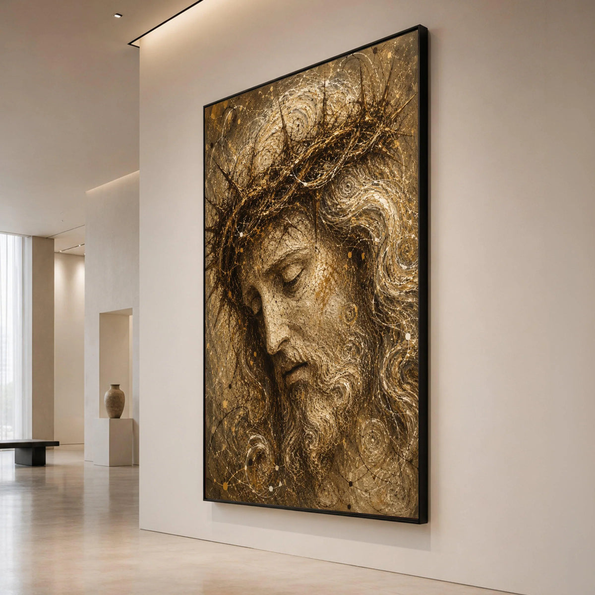 Reflective Christ Portrait Canvas Wall Art, Sacred Head with Crown of Thorns, Spiritual Religious Canvas Decoration, Canvas Print Art