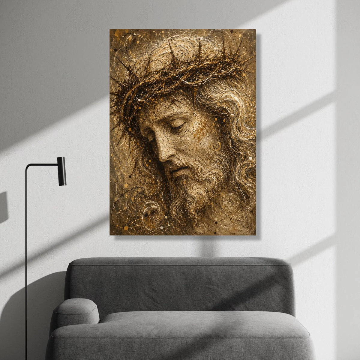 Reflective Christ Portrait Canvas Wall Art, Sacred Head with Crown of Thorns, Spiritual Religious Canvas Decoration, Canvas Print Art