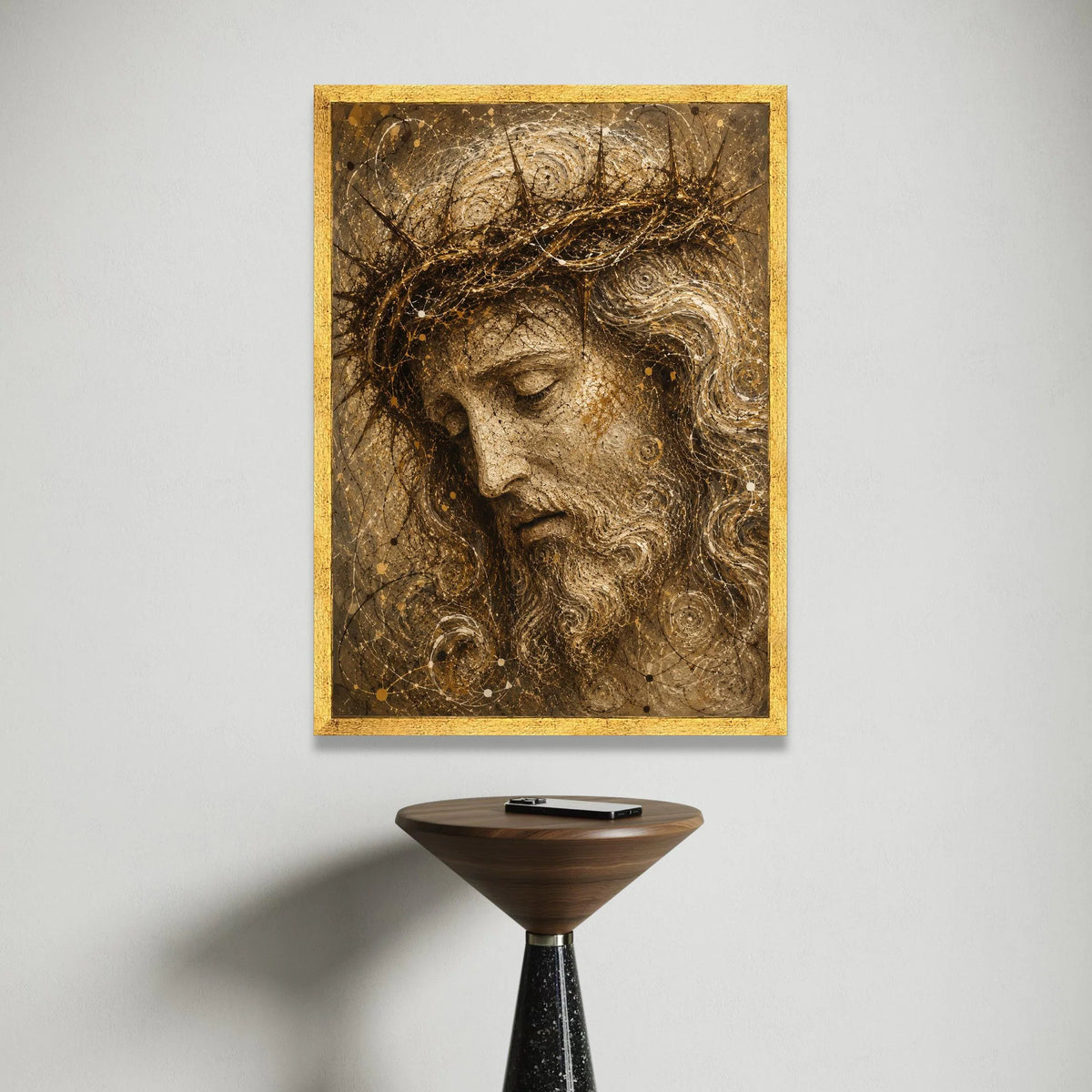 Reflective Christ Portrait Canvas Wall Art, Sacred Head with Crown of Thorns, Spiritual Religious Canvas Decoration, Canvas Print Art