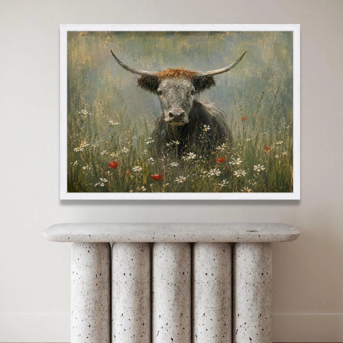 Highland Cow Wildflower Meadow Canvas, Rustic Animal Wall Art, Farmhouse Decor, Nature Landscape Canvas, Countryside Scene Canvas Print Art