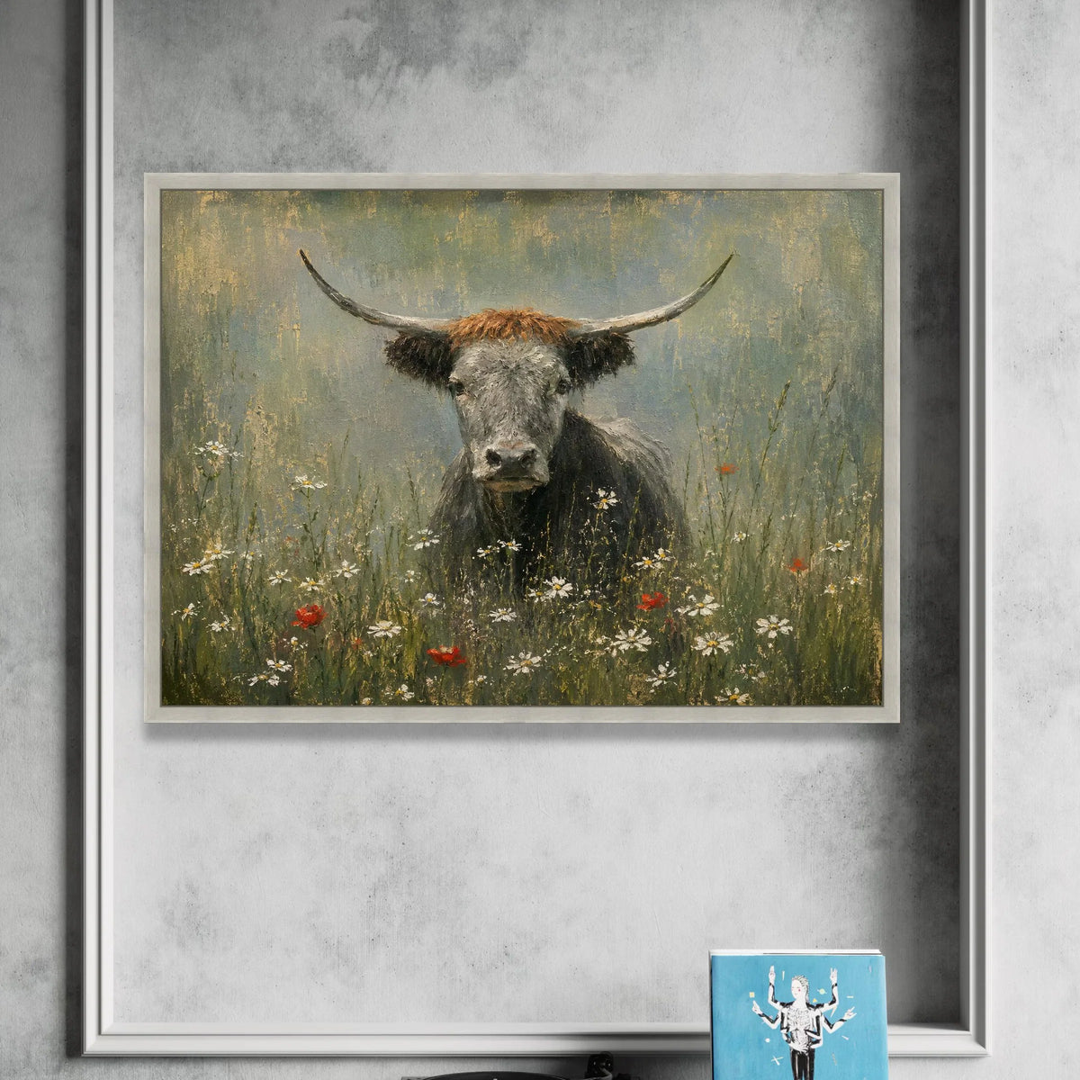 Highland Cow Wildflower Meadow Canvas, Rustic Animal Wall Art, Farmhouse Decor, Nature Landscape Canvas, Countryside Scene Canvas Print Art