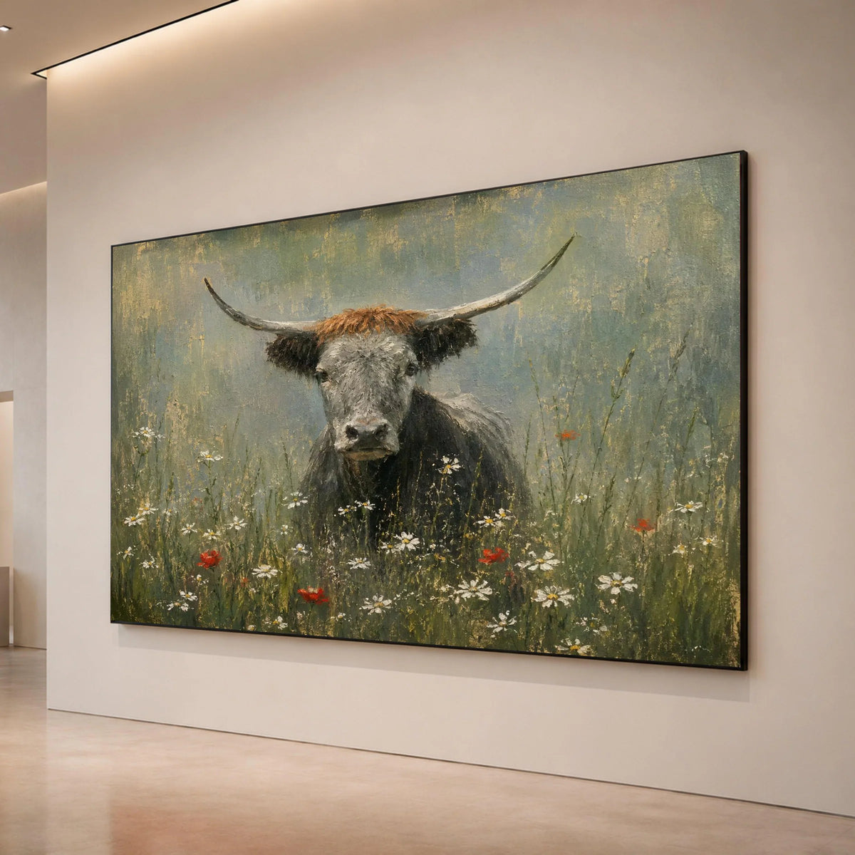Highland Cow Wildflower Meadow Canvas, Rustic Animal Wall Art, Farmhouse Decor, Nature Landscape Canvas, Countryside Scene Canvas Print Art