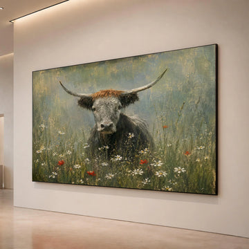 Highland Cow Wildflower Meadow Canvas, Rustic Animal Wall Art, Farmhouse Decor, Nature Landscape Canvas, Countryside Scene Canvas Print Art