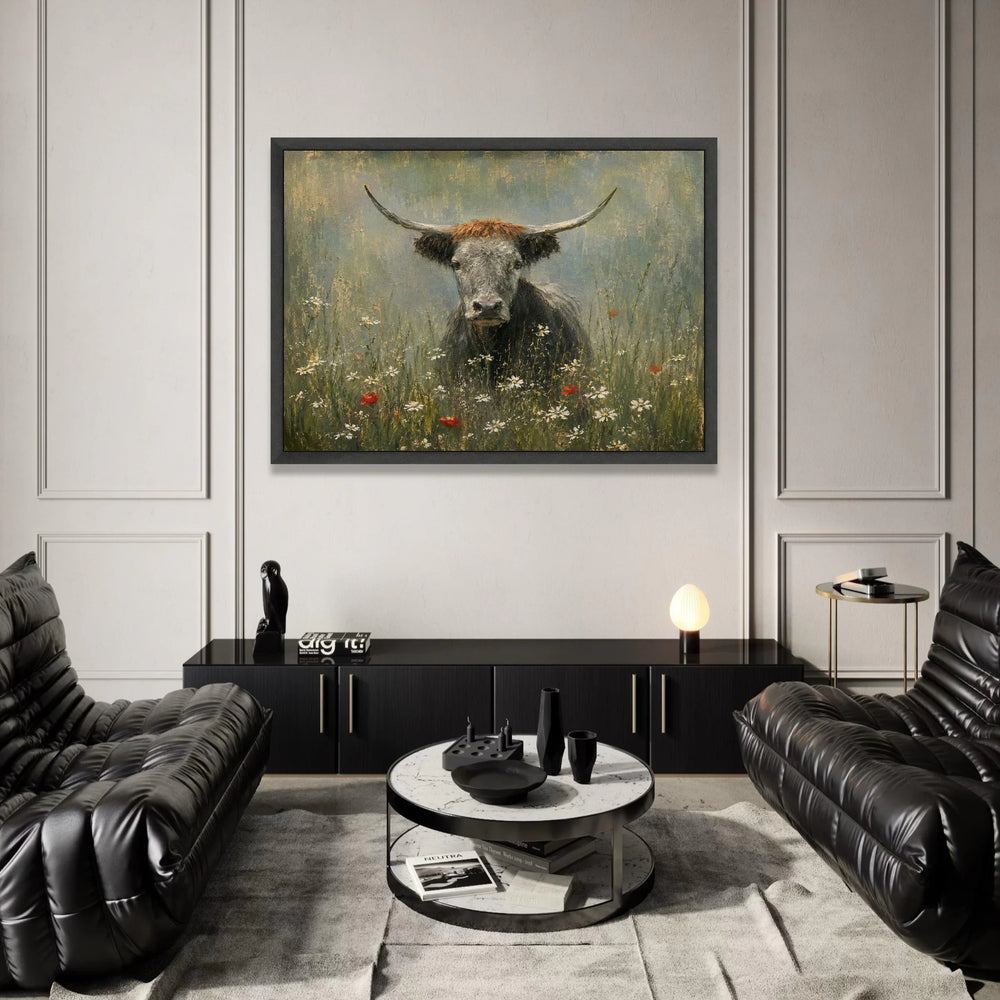 Highland Cow Wildflower Meadow Canvas, Rustic Animal Wall Art, Farmhouse Decor, Nature Landscape Canvas, Countryside Scene Canvas Print Art