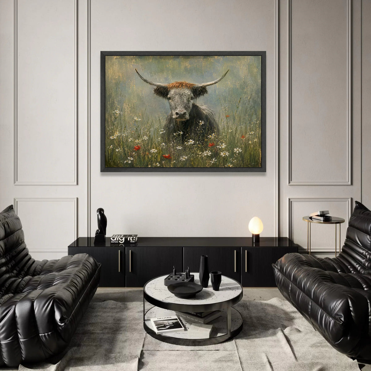Highland Cow Wildflower Meadow Canvas, Rustic Animal Wall Art, Farmhouse Decor, Nature Landscape Canvas, Countryside Scene Canvas Print Art
