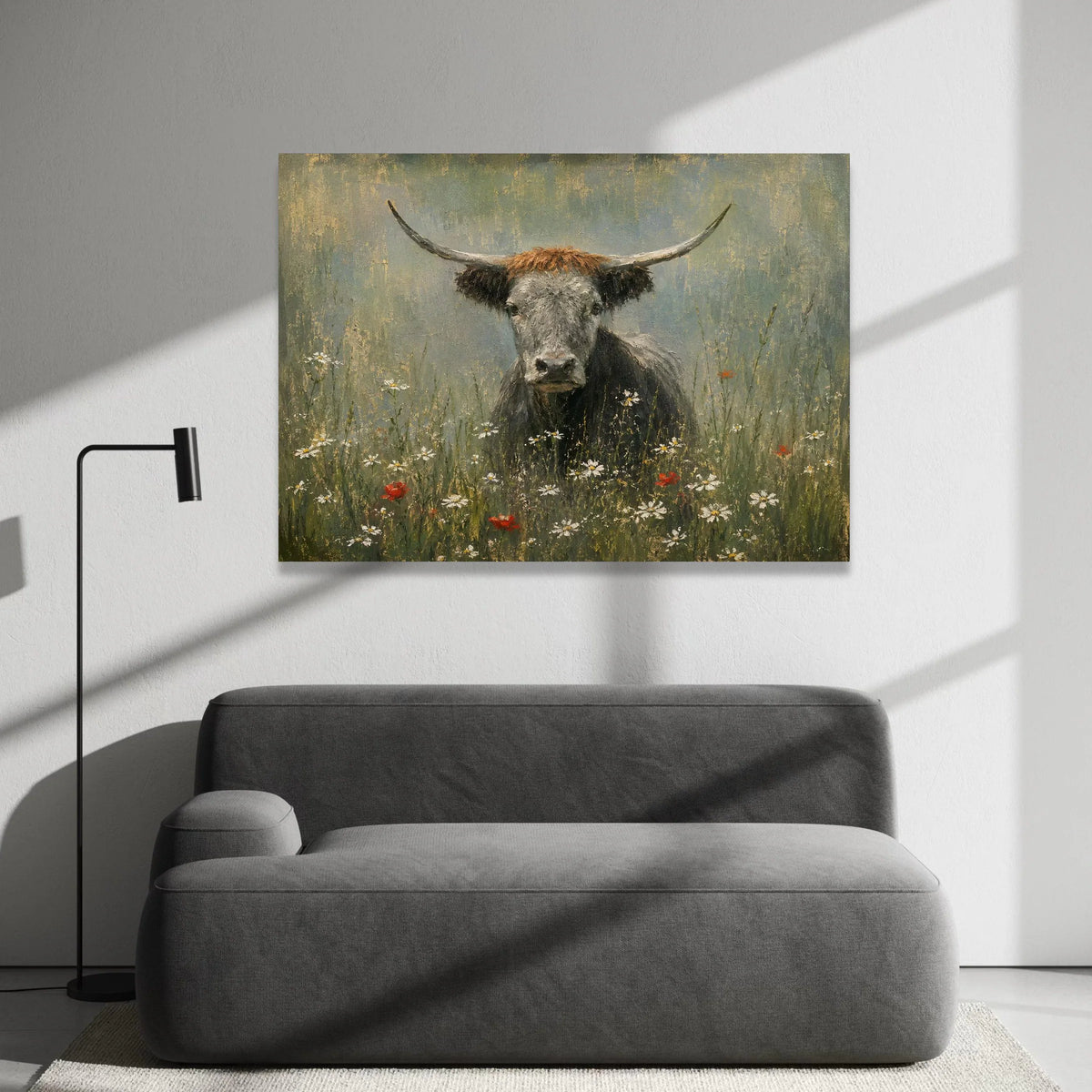 Highland Cow Wildflower Meadow Canvas, Rustic Animal Wall Art, Farmhouse Decor, Nature Landscape Canvas, Countryside Scene Canvas Print Art