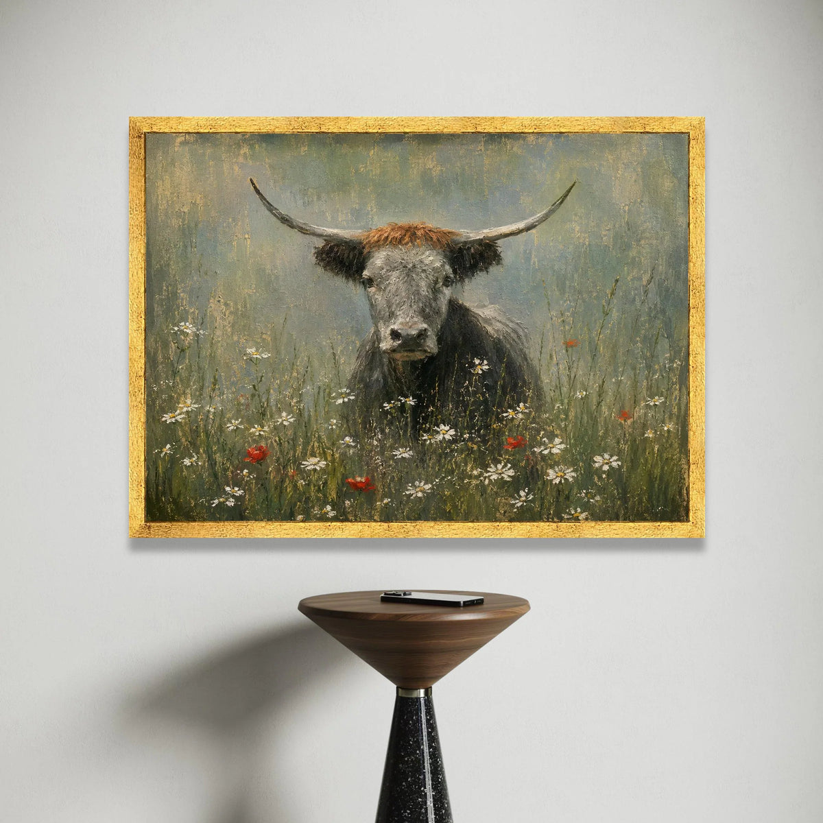 Highland Cow Wildflower Meadow Canvas, Rustic Animal Wall Art, Farmhouse Decor, Nature Landscape Canvas, Countryside Scene Canvas Print Art