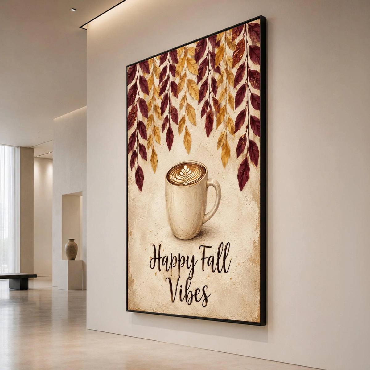 Cozy Fall Coffee Cup Canvas, Autumn Leaves Wall Art, Happy Fall Vibes Canvas, Seasonal Home Decoration Canvas Print Art
