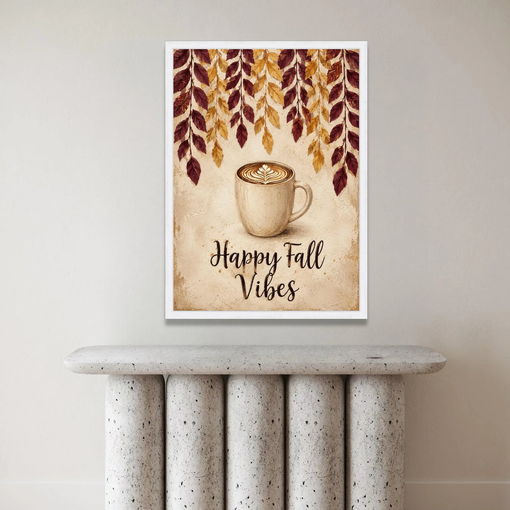 Cozy Fall Coffee Cup Canvas, Autumn Leaves Wall Art, Happy Fall Vibes Canvas, Seasonal Home Decoration Canvas Print Art