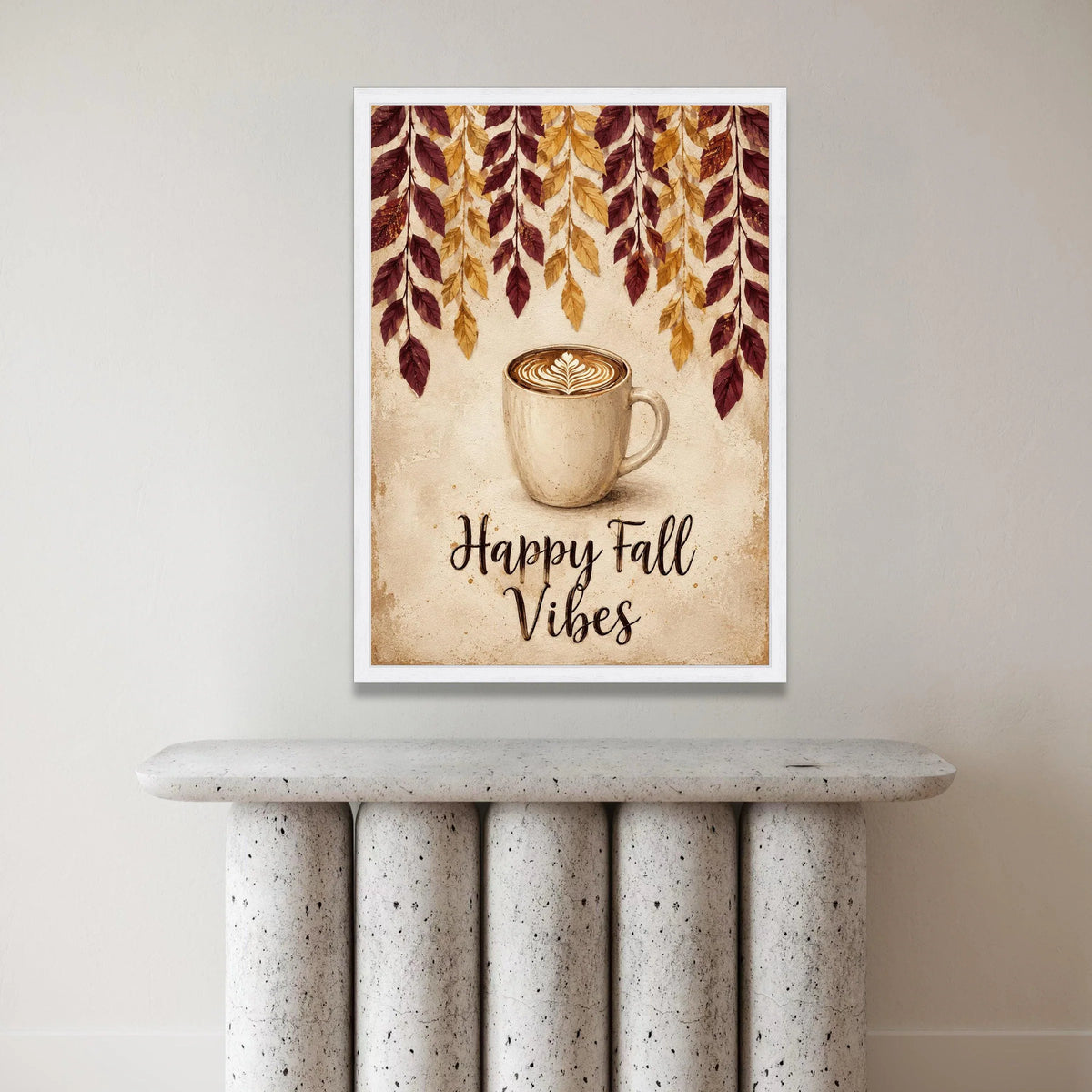 Cozy Fall Coffee Cup Canvas, Autumn Leaves Wall Art, Happy Fall Vibes Canvas, Seasonal Home Decoration Canvas Print Art
