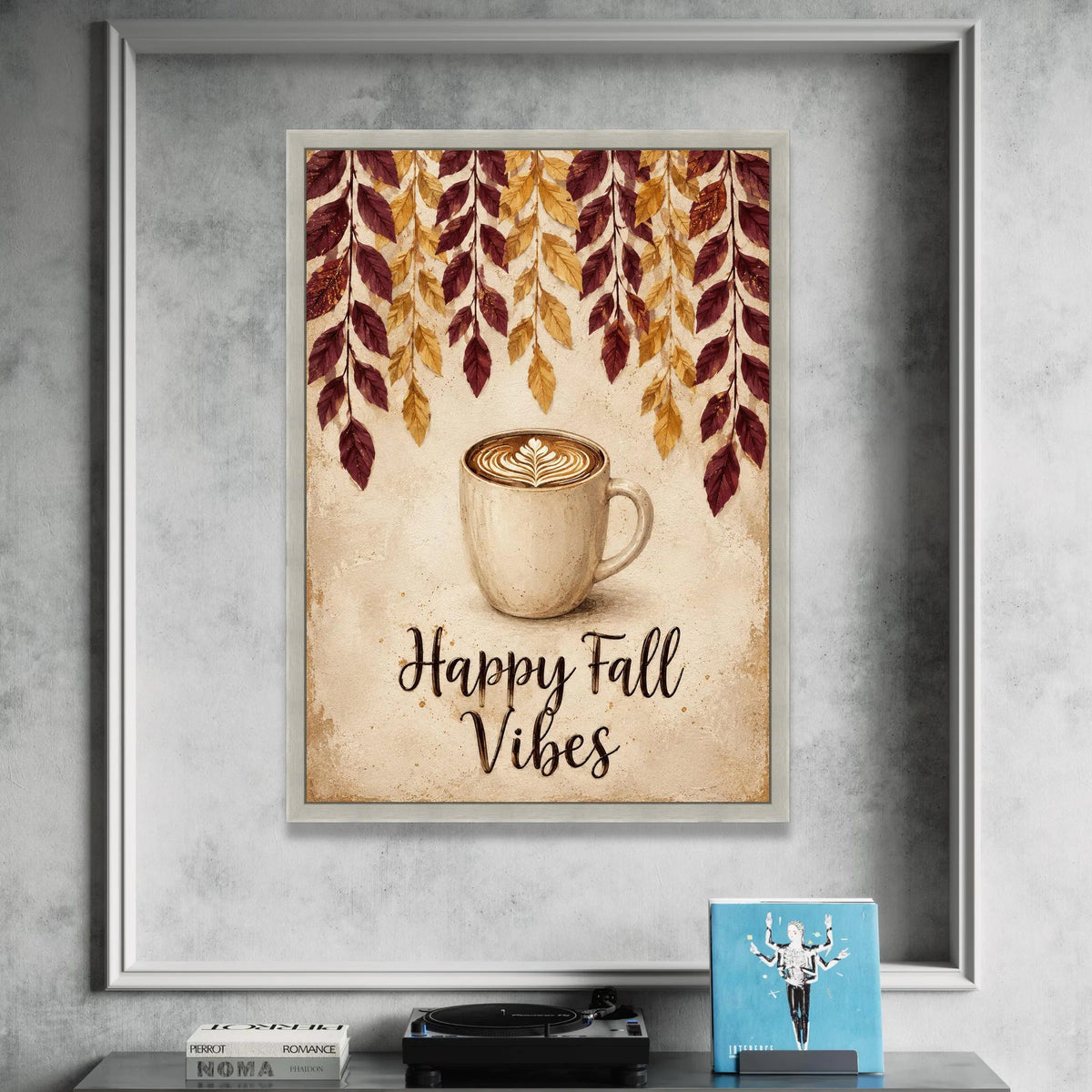Cozy Fall Coffee Cup Canvas, Autumn Leaves Wall Art, Happy Fall Vibes Canvas, Seasonal Home Decoration Canvas Print Art