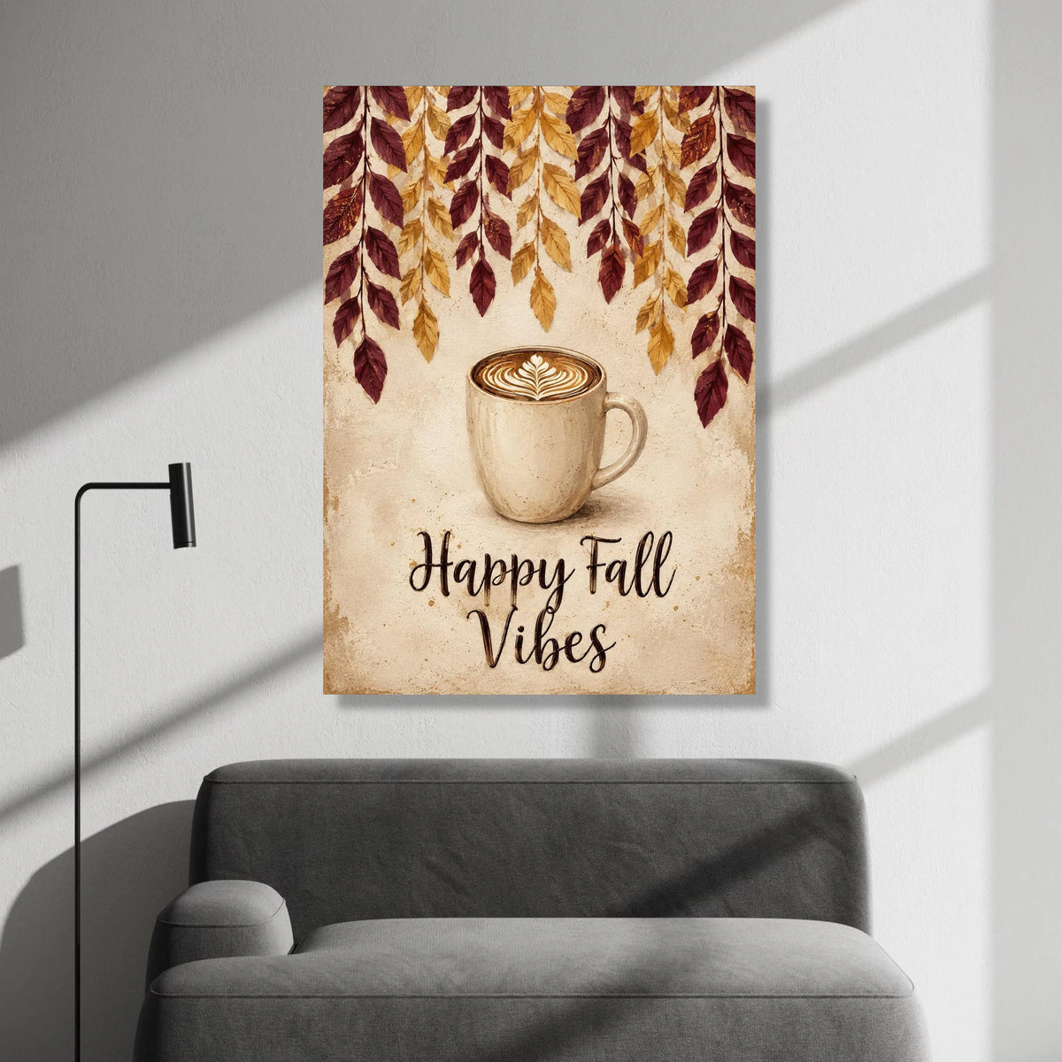 Cozy Fall Coffee Cup Canvas, Autumn Leaves Wall Art, Happy Fall Vibes Canvas, Seasonal Home Decoration Canvas Print Art