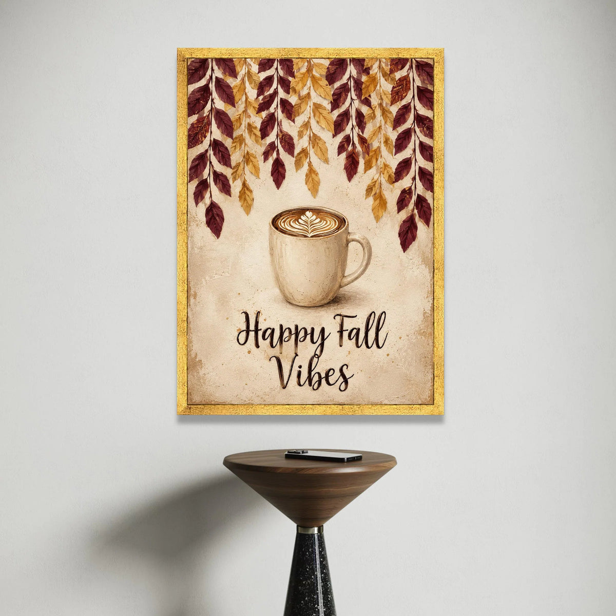 Cozy Fall Coffee Cup Canvas, Autumn Leaves Wall Art, Happy Fall Vibes Canvas, Seasonal Home Decoration Canvas Print Art