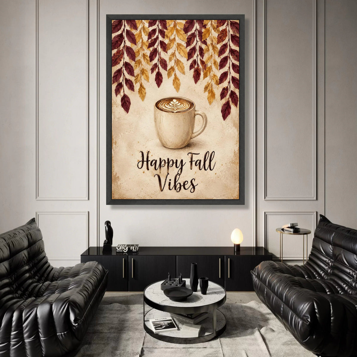 Cozy Fall Coffee Cup Canvas, Autumn Leaves Wall Art, Happy Fall Vibes Canvas, Seasonal Home Decoration Canvas Print Art