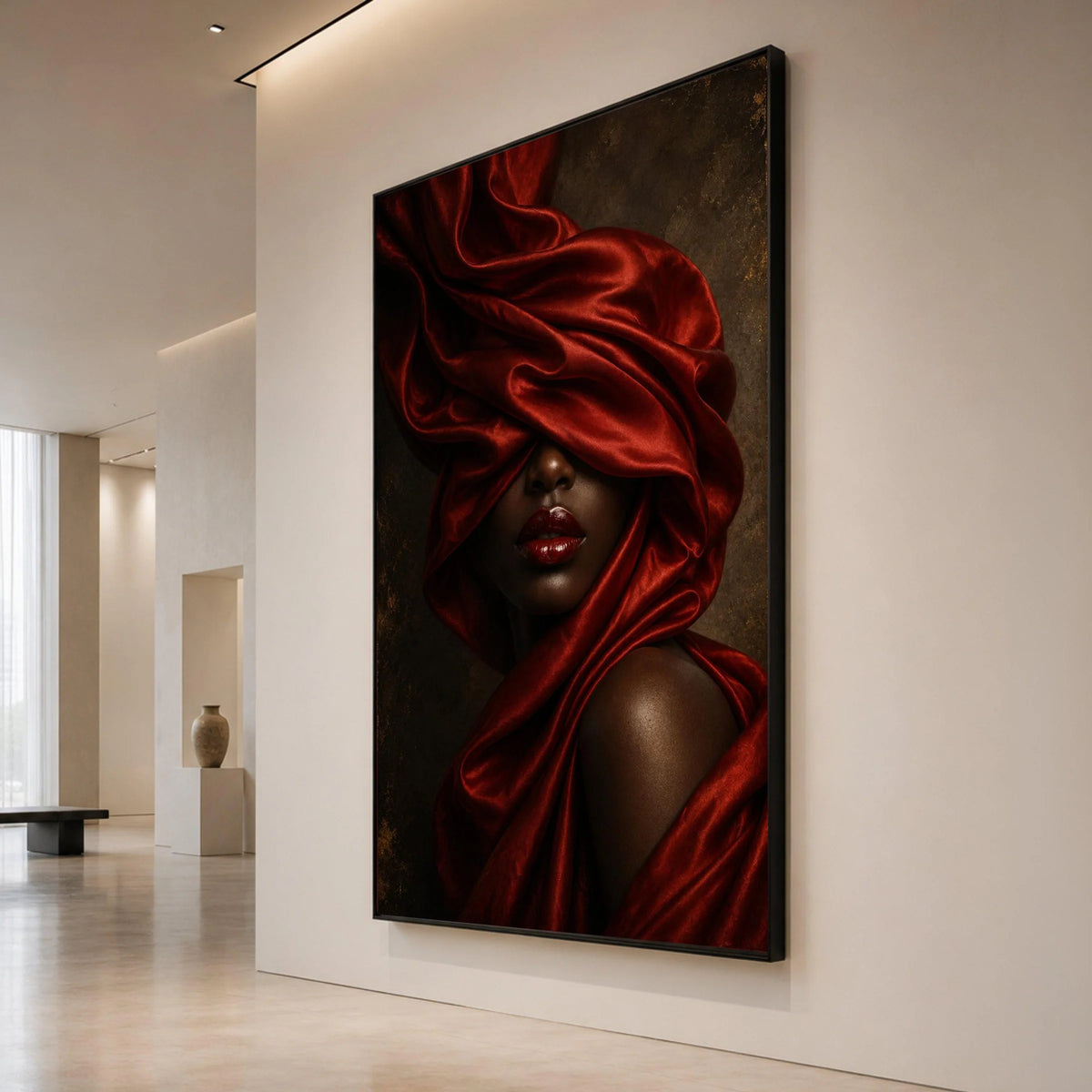 Elegant Woman Portrait, Red Draped Fabric Canvas, Glamour Makeup Wall Art, Fashion Beauty Canvas, Modern Home Decoration Canvas Print Art