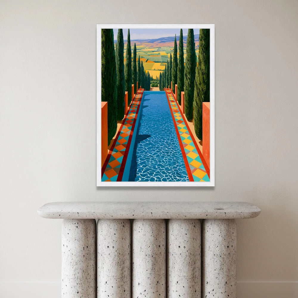David Hockney Style Landscape Canvas, Cypress Trees and Pool Scene, Colorful Abstract Nature Wall Art, Modern Home Canvas Print Art
