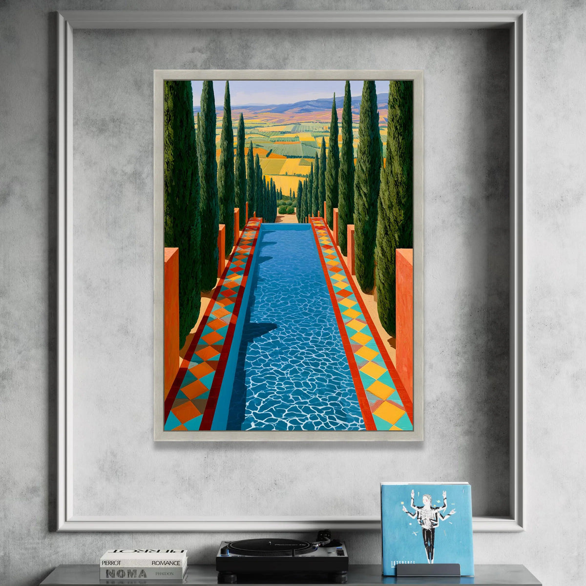 David Hockney Style Landscape Canvas, Cypress Trees and Pool Scene, Colorful Abstract Nature Wall Art, Modern Home Canvas Print Art