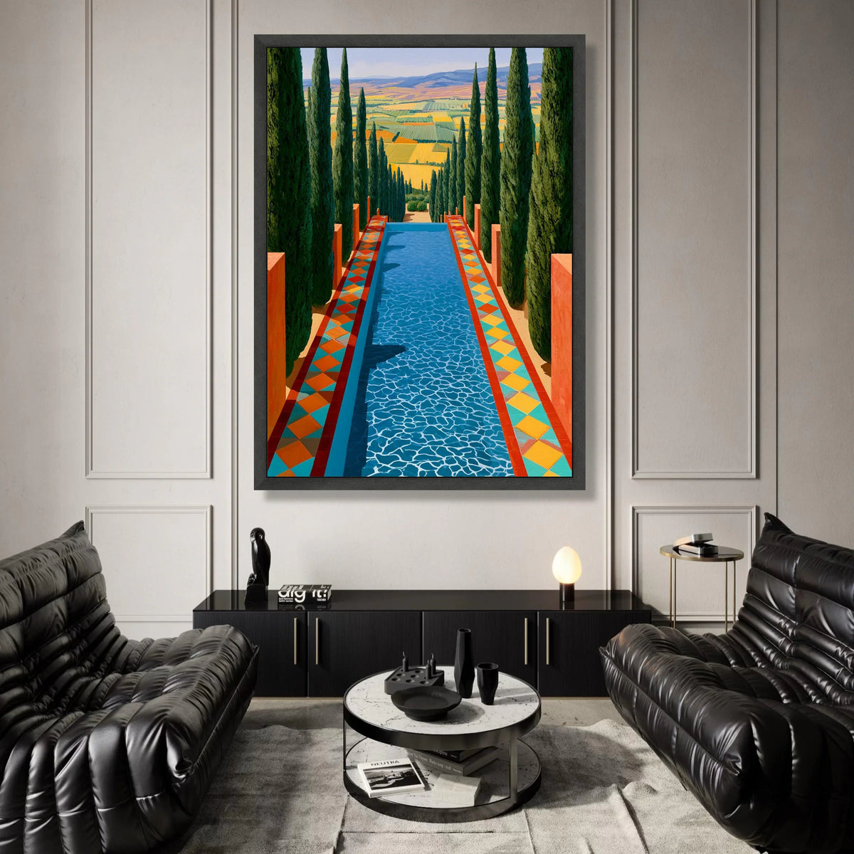 David Hockney Style Landscape Canvas, Cypress Trees and Pool Scene, Colorful Abstract Nature Wall Art, Modern Home Canvas Print Art