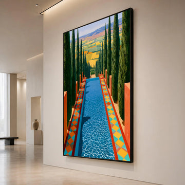 David Hockney Style Landscape Canvas, Cypress Trees and Pool Scene, Colorful Abstract Nature Wall Art, Modern Home Canvas Print Art