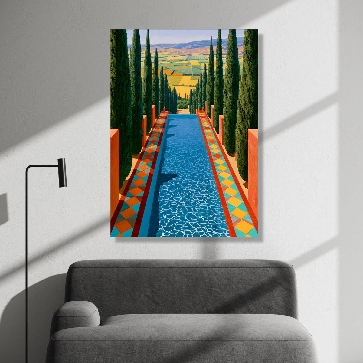 David Hockney Style Landscape Canvas, Cypress Trees and Pool Scene, Colorful Abstract Nature Wall Art, Modern Home Canvas Print Art