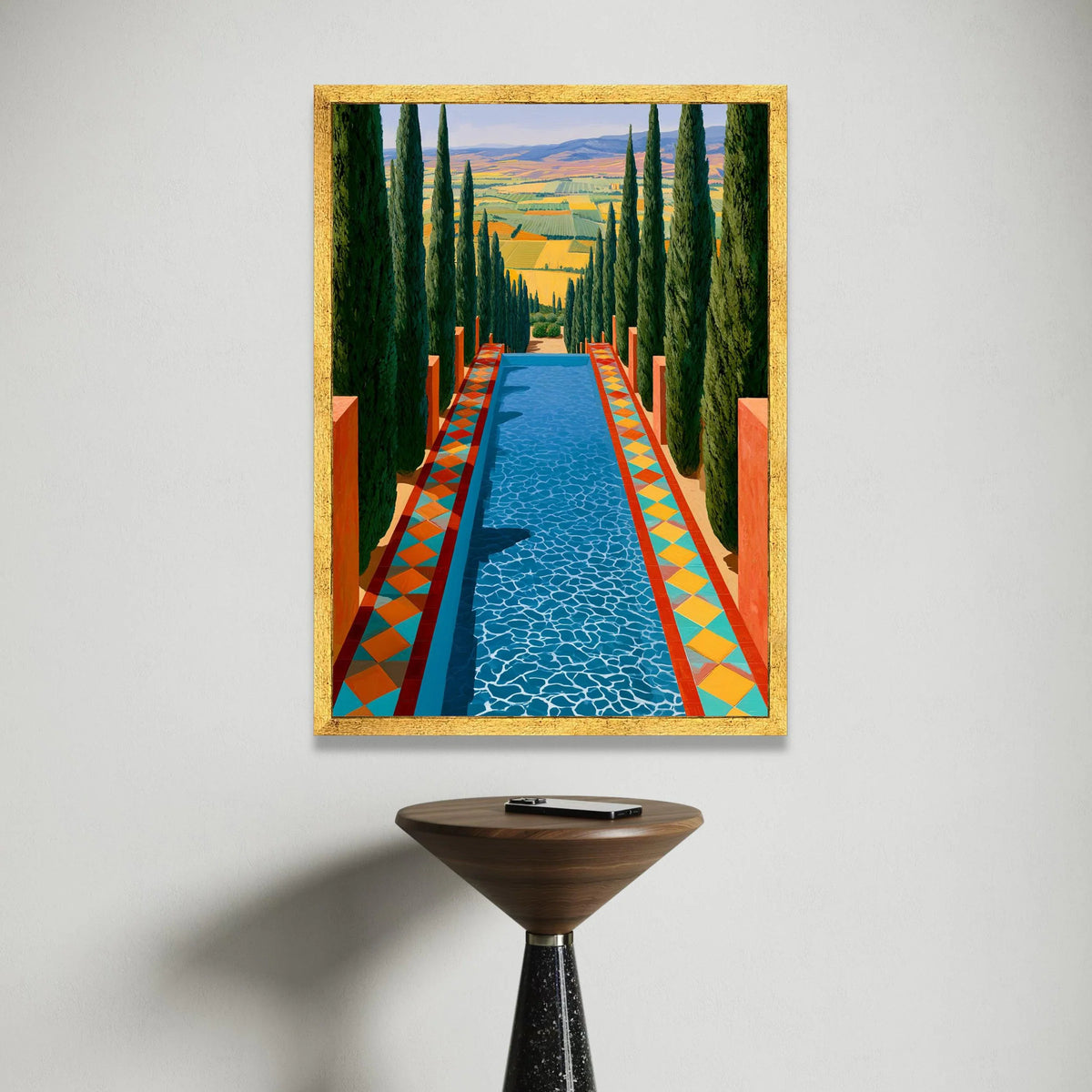 David Hockney Style Landscape Canvas, Cypress Trees and Pool Scene, Colorful Abstract Nature Wall Art, Modern Home Canvas Print Art
