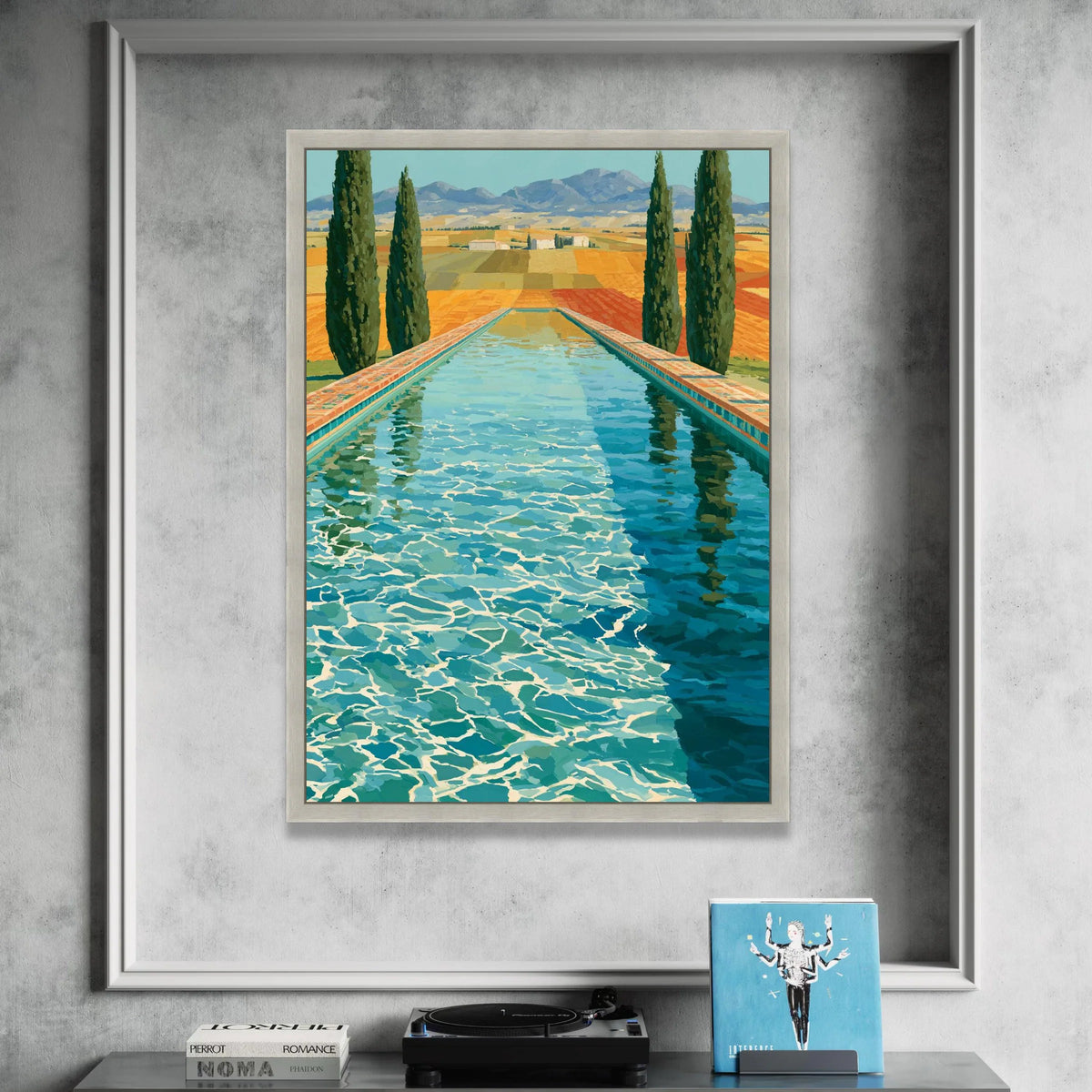 David Hockney Style Poolside Landscape, Modern Contemporary Canvas Wall Art, Vibrant Swimming Pool Reflection, California Canvas Print Art