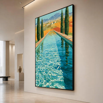 David Hockney Style Poolside Landscape, Modern Contemporary Canvas Wall Art, Vibrant Swimming Pool Reflection, California Canvas Print Art