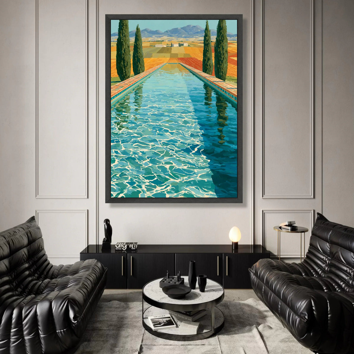 David Hockney Style Poolside Landscape, Modern Contemporary Canvas Wall Art, Vibrant Swimming Pool Reflection, California Canvas Print Art
