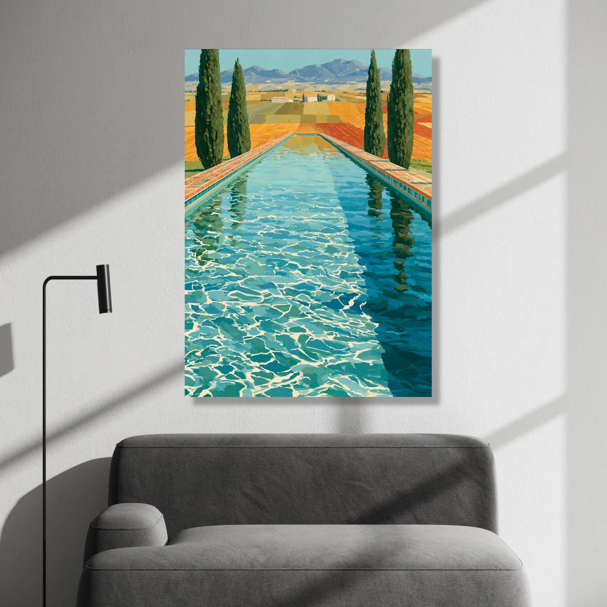 David Hockney Style Poolside Landscape, Modern Contemporary Canvas Wall Art, Vibrant Swimming Pool Reflection, California Canvas Print Art