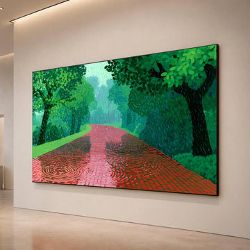 David Hockney Style Rainy Pathway Canvas, Modern Landscape Wall Art, Green Trees and Red Road Scene, Contemporary Nature Canvas Print Art
