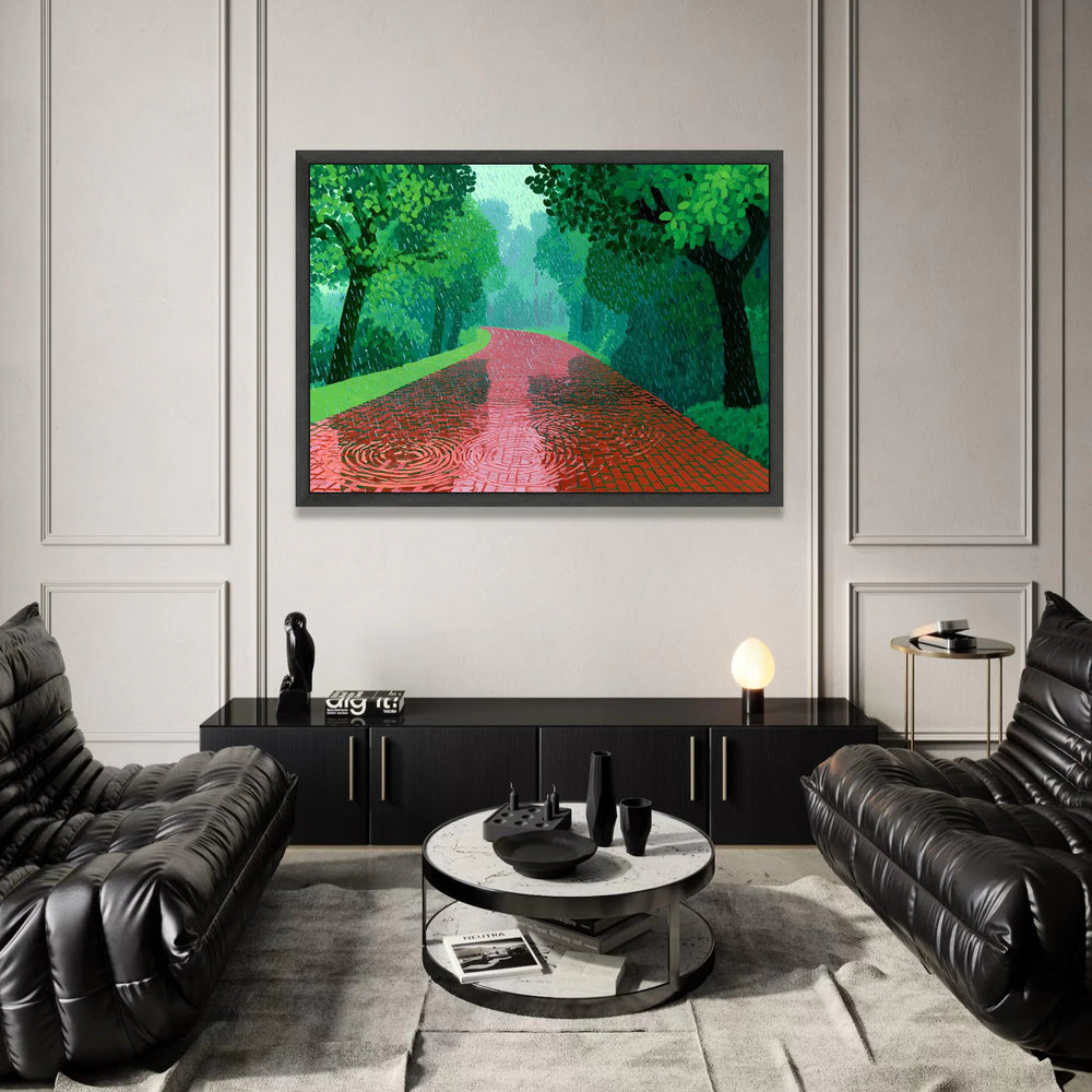 David Hockney Style Rainy Pathway Canvas, Modern Landscape Wall Art, Green Trees and Red Road Scene, Contemporary Nature Canvas Print Art