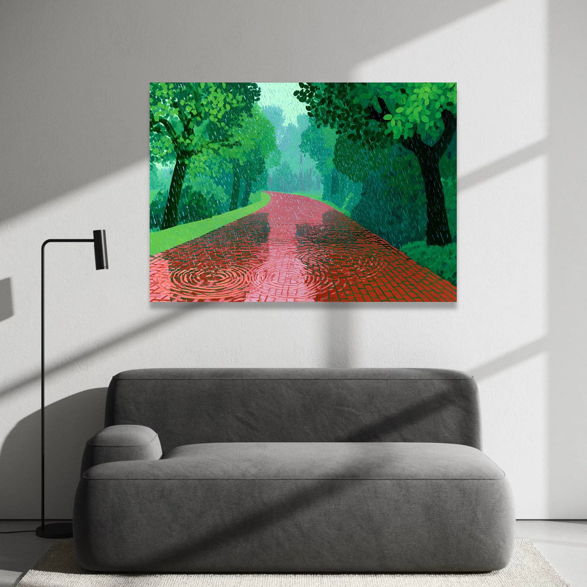David Hockney Style Rainy Pathway Canvas, Modern Landscape Wall Art, Green Trees and Red Road Scene, Contemporary Nature Canvas Print Art